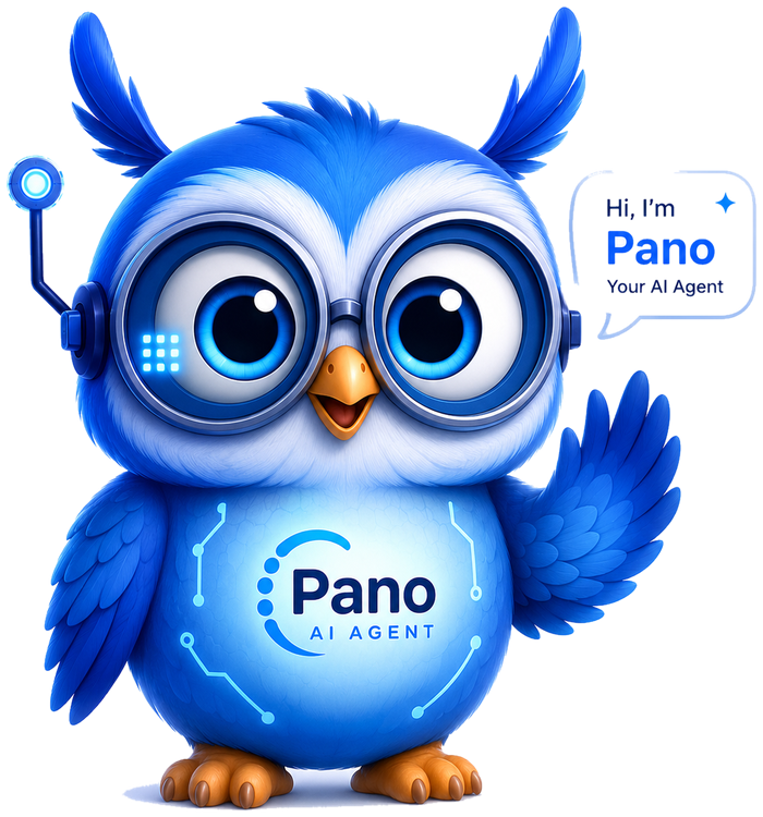 Pano, the PANO360.AI assistant — a friendly blue owl